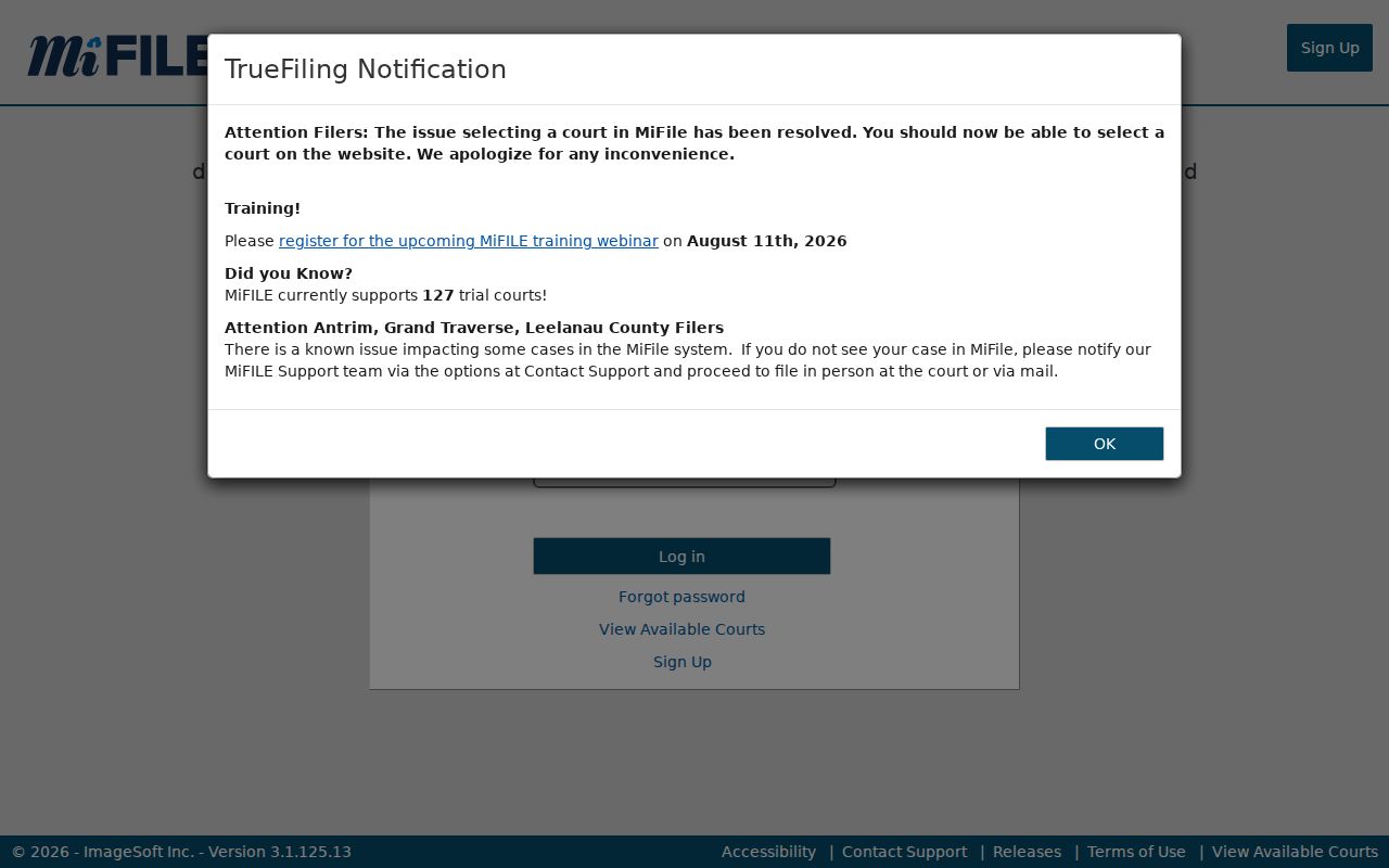 St. Joseph County civil court dockets MiFILE login page