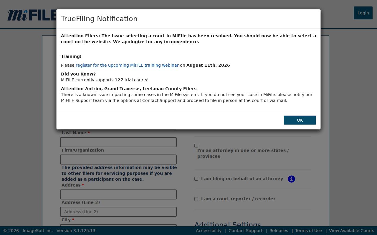 St. Joseph County civil court dockets MiFILE registration page