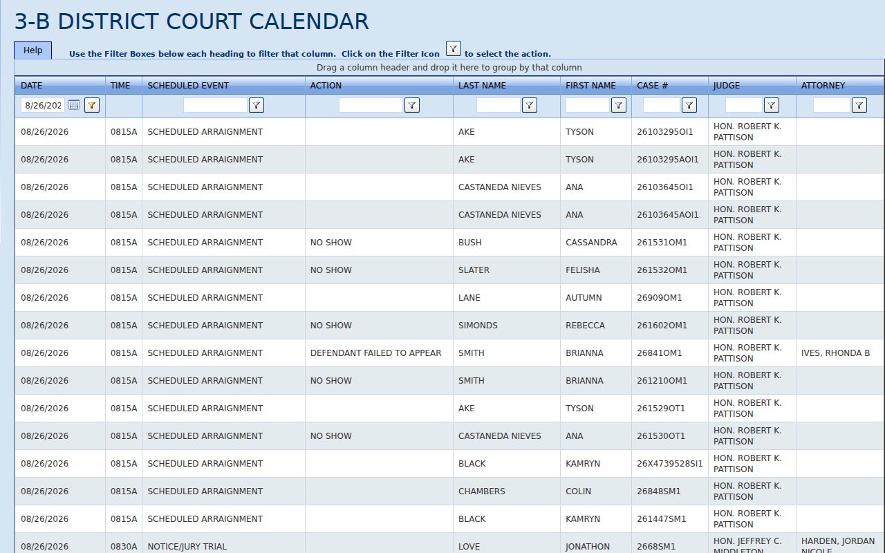 St. Joseph County court schedule with 3B District Court calendar fields