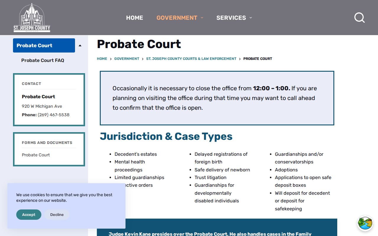 St. Joseph County court case records route for 75th Probate Court