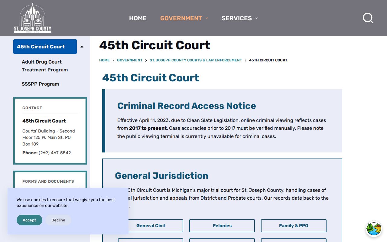 St. Joseph County court docket 45th Circuit Court information