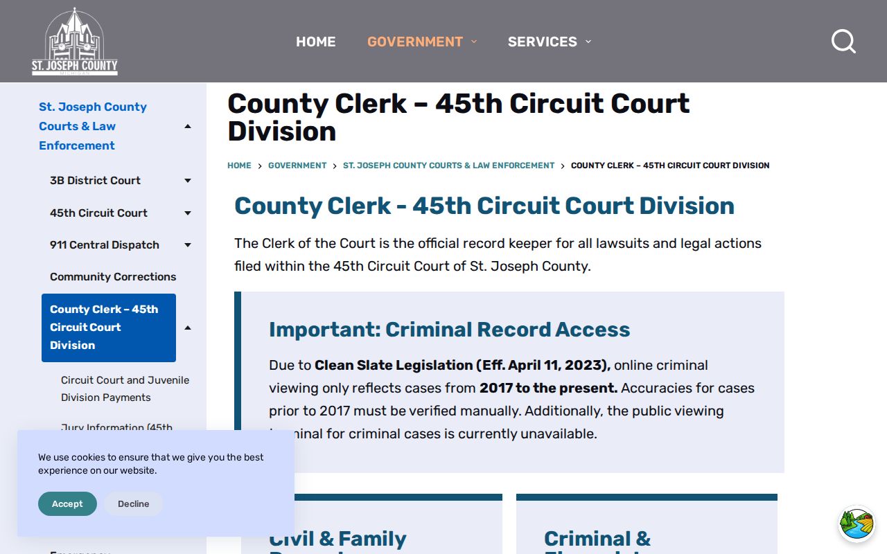 St. Joseph County court docket County Clerk 45th Circuit records access